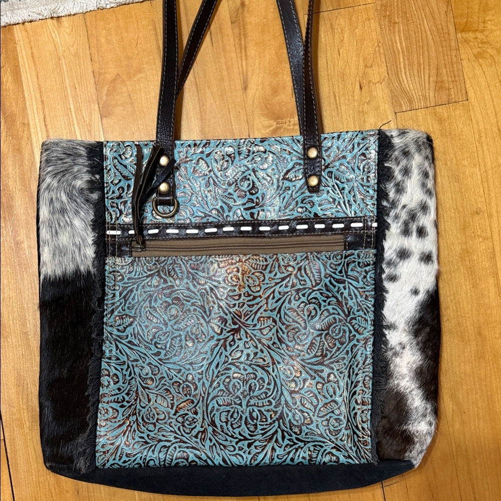 Myra Bag Turquoise Brown Black Cowhide Tote